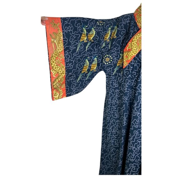 J Peterman Company Imperial Dragon Kimono Dress Faux Wrap Cotton Blue Print S/M - Picture 10 of 13
